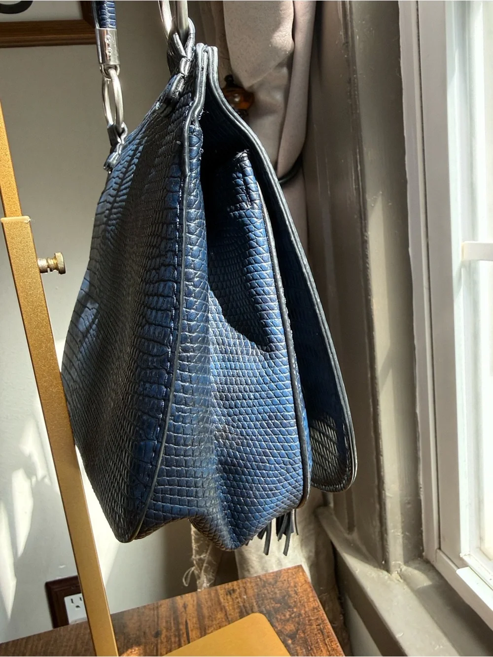 NWT Blue Snake Embossed Textured Leather Shoulder Bag with Tassel